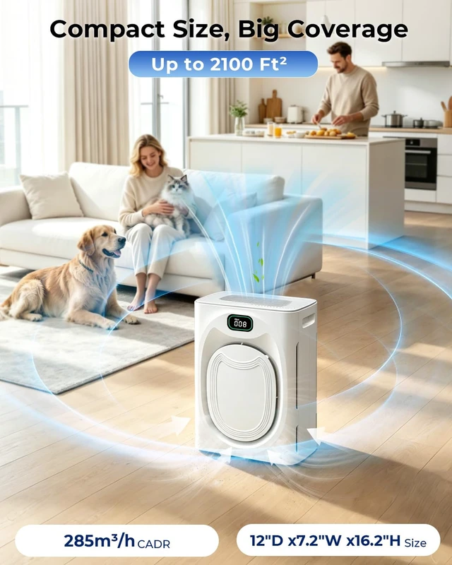 Alt view image 4 of 7 - Pet Hair Air Purifier for Large Room Up to 2100 Ft² | H13 HEPA Double-Sided Pet Hair Filter, Adsorbs Pet Hair Dander Odor Smoke, Washable Pre-filter, PM2.5 Air Quality Monitor