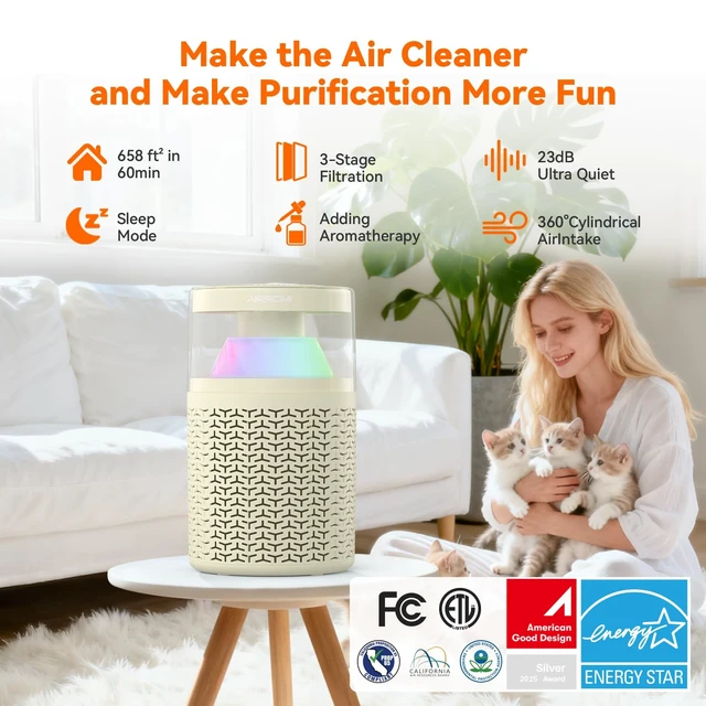 Alt view image 2 of 7 - AIRROMI Pet Air Purifier for Home & Bedroom, HEPA Activated Carbon Filter, Removes Pet Dander & Odor, Allergies, Smoke, Hair, Night Light, Fragrance Sponge, Up to 658 ft², A2002 yellow