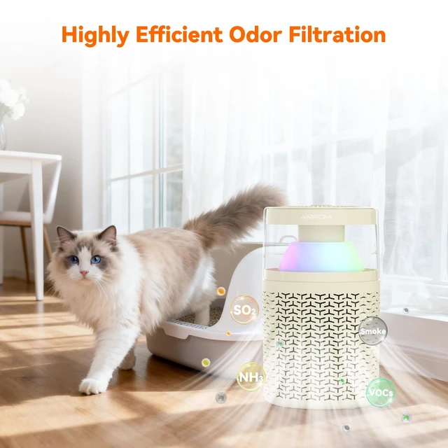 Alt view image 4 of 7 - AIRROMI Pet Air Purifier for Home & Bedroom, HEPA Activated Carbon Filter, Removes Pet Dander & Odor, Allergies, Smoke, Hair, Night Light, Fragrance Sponge, Up to 658 ft², A2002 yellow