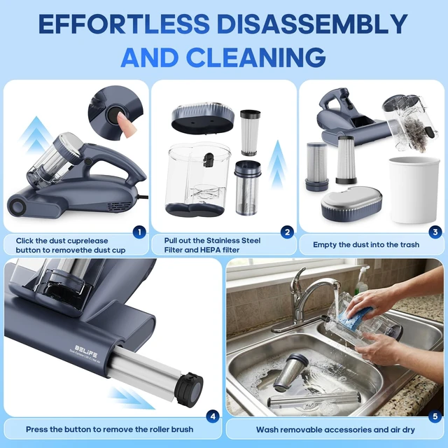 Alt view image 7 of 7 - Belife M11 Mattress Vacuum Cleaner with UV & Hot Air for Deep Cleaning | 18Kpa 550W Bed Vacuum with HEPA Filter, Powerful Strong Suction Handheld Couch Cleaner for Sofa Pillows Dust Pet Hair, Corded