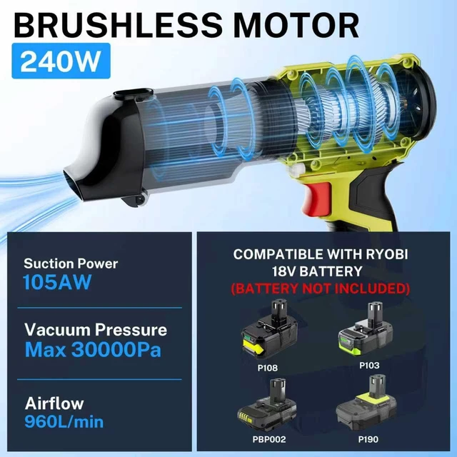 Alt view image 2 of 7 - YEX-BUR Cordless Handheld Vacuum for Ryobi 18V Battery(Tool Only), 240W Powerful Car Vacuum with Brushless Motor, 3-Speed, 5 Filters, Portable Vacuum Cleaner for Home Office Car Pet