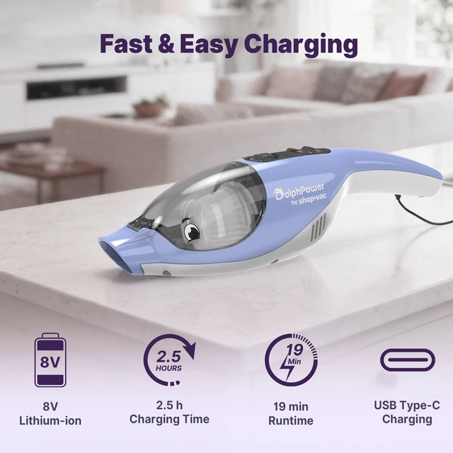 Alt view image 6 of 7 - Shop-Vac DolphPower Handheld Vacuum, 4500 Pa Cordless Mini Vacuum, Blue | Cute Dolphin-Shaped Vacuum Rechargeable with Multiple Nozzles, Portable Vacuum for Home & Car, Lightweight & Compact