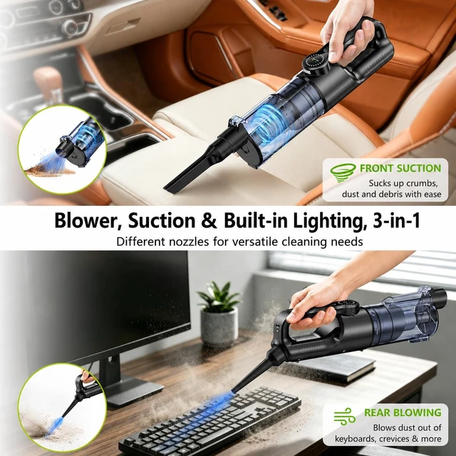 Alt view image 2 of 7 - BiLOLLY Cordless Handheld Vacuum Cleaner, 20000Pa Car Vacuum Cleaner Strong Suction, Portable Mini Vacuum Cleaner Rechargeable with Vacuum & Blower, LED Light for Car, Home, Pet Hair, Dust and Crumbs