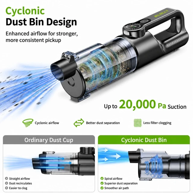 Alt view image 3 of 7 - BiLOLLY Cordless Handheld Vacuum Cleaner, 20000Pa Car Vacuum Cleaner Strong Suction, Portable Mini Vacuum Cleaner Rechargeable with Vacuum & Blower, LED Light for Car, Home, Pet Hair, Dust and Crumbs