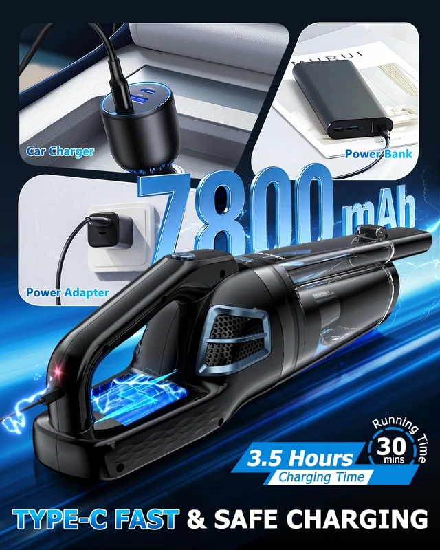 Alt view image 6 of 7 - BQYPOWER Handheld Vacuum Cordless Rechargeable, Hand Held Car Vacuum | 16000PA Strong Suction Hand Vacuum Cordless Rechargeable with Multiple Attachments, Portable Car Vacuum Cleaner for Car Home