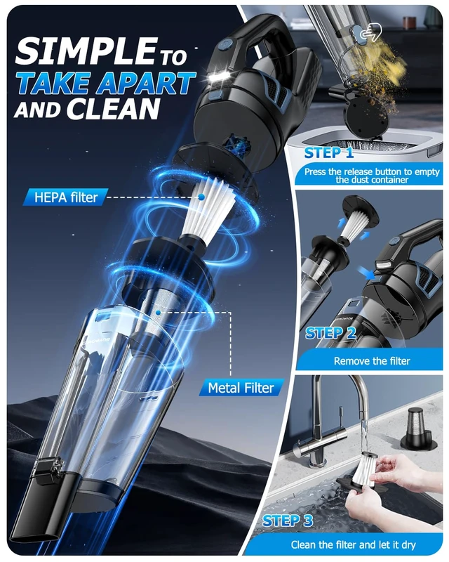 Alt view image 5 of 7 - BQYPOWER Handheld Vacuum Cordless Rechargeable, Hand Held Car Vacuum | 16000PA Strong Suction Hand Vacuum Cordless Rechargeable with Multiple Attachments, Portable Car Vacuum Cleaner for Car Home