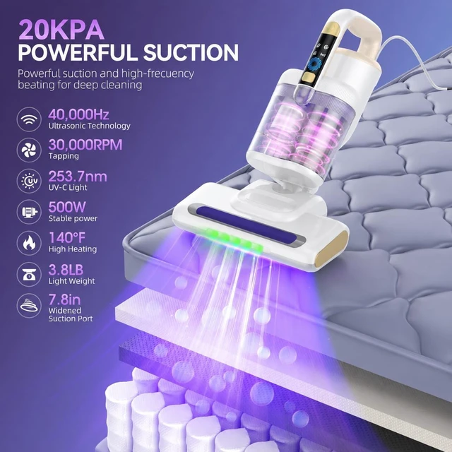 Alt view image 2 of 7 - Mattress Vacuum Cleaner, 20KPa Powerful Suction, 140°F Heated Air, 30000 RPM Brushroll, UV-C Light, Ultrasonic Technology, HEPA Filtration, 500W Corded Bed Vacuum for Mattresses & Sofas (White)