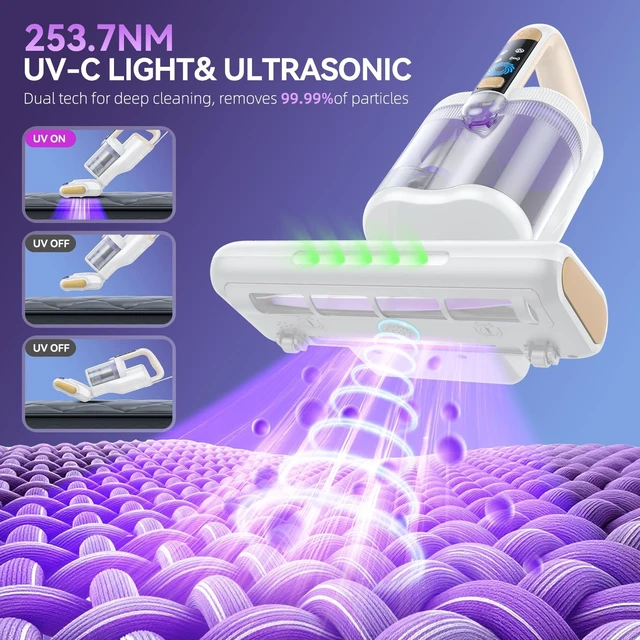 Alt view image 3 of 7 - Mattress Vacuum Cleaner, 20KPa Powerful Suction, 140°F Heated Air, 30000 RPM Brushroll, UV-C Light, Ultrasonic Technology, HEPA Filtration, 500W Corded Bed Vacuum for Mattresses & Sofas (White)