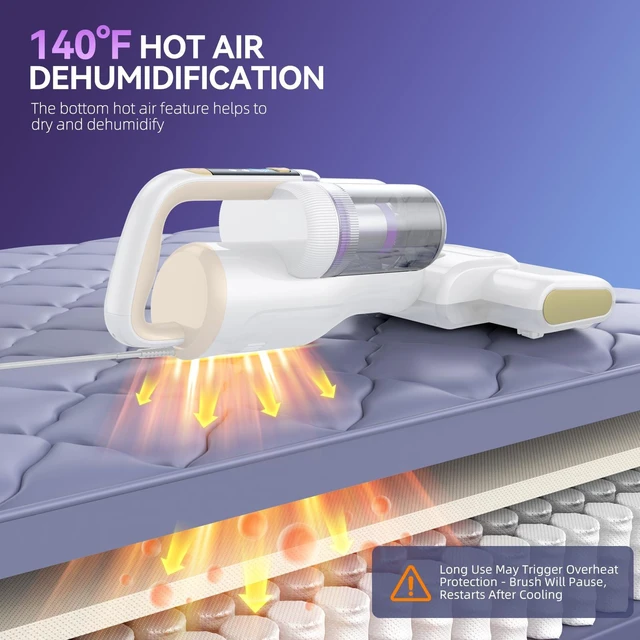Alt view image 4 of 7 - Mattress Vacuum Cleaner, 20KPa Powerful Suction, 140°F Heated Air, 30000 RPM Brushroll, UV-C Light, Ultrasonic Technology, HEPA Filtration, 500W Corded Bed Vacuum for Mattresses & Sofas (White)