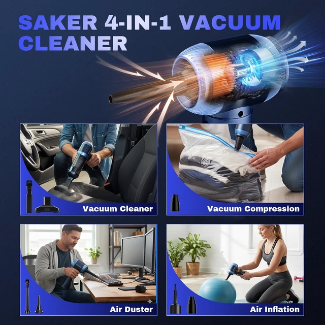 Alt view image 4 of 7 - Saker 4 in1 Handheld Car Vacuum Portable Cordless 20000Pa HL157 Blue | LED Display,Vacuum, Blower, Sealing And Inflation Modes,One-Touch Dust Release, Portable Mini Vacuums for Car, Home
