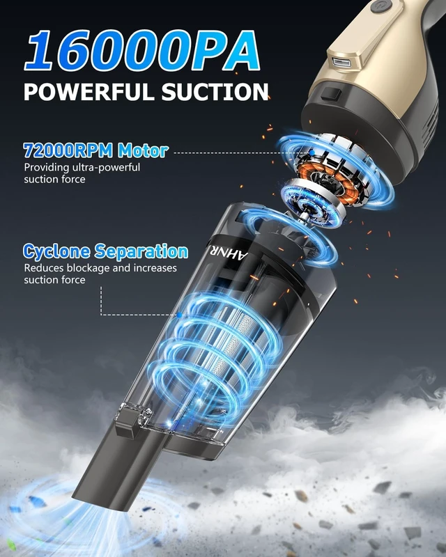 Alt view image 2 of 7 - AHNR Handheld Vacuum Cordless Rechargeable, Hand Held Car Vacuum Cleaner | 16000PA Strong Suction Hand Vacuum with Multi-Nozzles, LED Light & 2 HEPA Filters, Car Vacuum Portable Cordless for Car Home