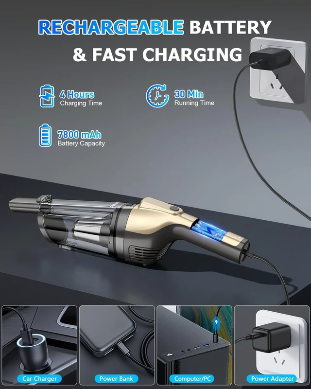 Alt view image 5 of 7 - AHNR Handheld Vacuum Cordless Rechargeable, Hand Held Car Vacuum Cleaner | 16000PA Strong Suction Hand Vacuum with Multi-Nozzles, LED Light & 2 HEPA Filters, Car Vacuum Portable Cordless for Car Home