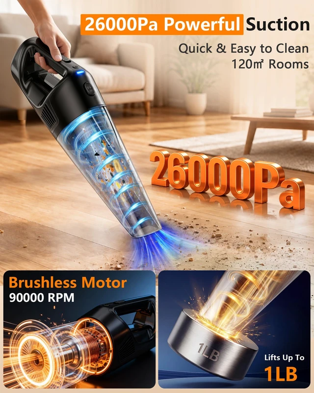 Alt view image 2 of 7 - 26000Pa Powerful Handheld Vacuum Cordless: 15-Min Quick Cleaning 120 Rooms | Portable 3H Fast Charging Dock, 18-36 Min Runtime with Brushless Motor, 1L Dust Cup One-Touch Emptying for Debris Pet Hair