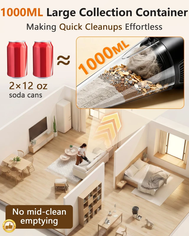 Alt view image 7 of 7 - 26000Pa Powerful Handheld Vacuum Cordless: 15-Min Quick Cleaning 120 Rooms | Portable 3H Fast Charging Dock, 18-36 Min Runtime with Brushless Motor, 1L Dust Cup One-Touch Emptying for Debris Pet Hair