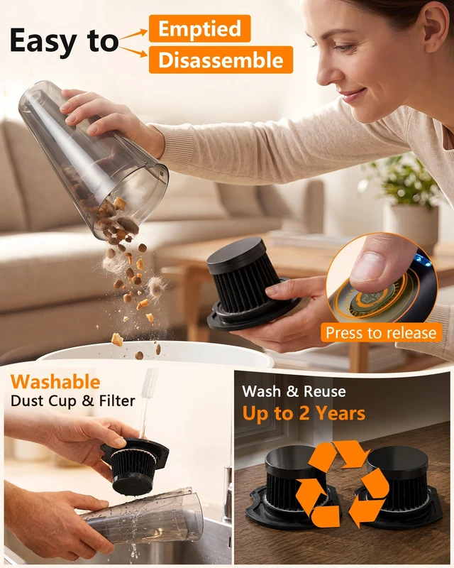 Alt view image 6 of 7 - 26000Pa Powerful Handheld Vacuum Cordless: 15-Min Quick Cleaning 120 Rooms | Portable 3H Fast Charging Dock, 18-36 Min Runtime with Brushless Motor, 1L Dust Cup One-Touch Emptying for Debris Pet Hair