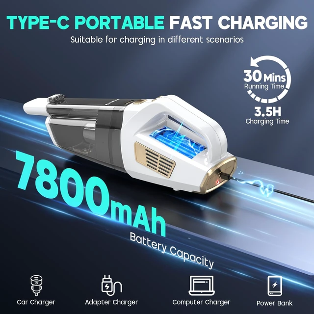 Alt view image 4 of 7 - CKIKH Handheld Vacuum Cordless 15000PA, Hand Held Car Vacuum Cleaner | Portable, Multi-Nozzles & Washable Filter, Lightweight Rechargeable, For Home, Car, Office, Pets