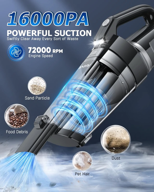 Alt view image 2 of 7 - AHNR Handheld Vacuum Cleaner Cordless Rechargeable 16000PA for Car Home | Strong Suction, Built-in LED Light & 2 HEPA Filters, Portable Hand Held Car Vacuum Cordless Rechargeable for Car Cleaning