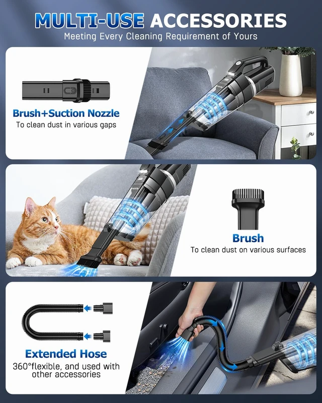 Alt view image 3 of 7 - AHNR Handheld Vacuum Cleaner Cordless Rechargeable 16000PA for Car Home | Strong Suction, Built-in LED Light & 2 HEPA Filters, Portable Hand Held Car Vacuum Cordless Rechargeable for Car Cleaning