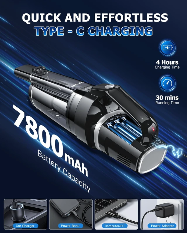 Alt view image 6 of 7 - AHNR Handheld Vacuum Cleaner Cordless Rechargeable 16000PA for Car Home | Strong Suction, Built-in LED Light & 2 HEPA Filters, Portable Hand Held Car Vacuum Cordless Rechargeable for Car Cleaning