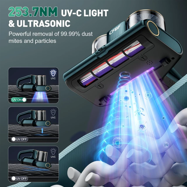 Alt view image 3 of 7 - CFBF Mattress Bed Vacuum Cleaner with 16Kpa Suction & 253.7nm UV-C Light | Ultrasonic & High Heating, 500W Powerful Double-Cup Handheld Vacuums for Bed, Sofa, Couch, Crib, 16.4FT Corded