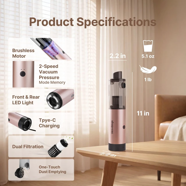 Alt view image 3 of 7 - Shop-Vac S4 15000Pa Handheld Mini Car Vacuum Cordless, LED Light, Champagne | 4-in-1 Multi-Function Desk Vacuum, Brushless Motor, Multiple Nozzles, 2 Modes, for Car, Home, Office, Keyboard Cleaning