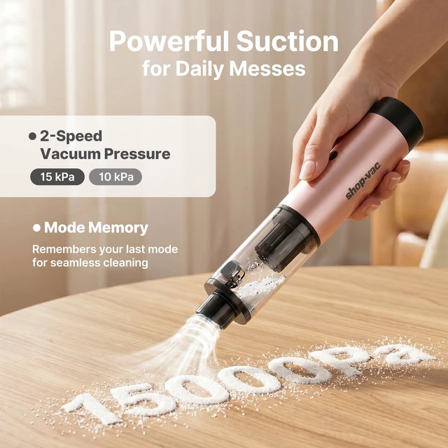 Alt view image 4 of 7 - Shop-Vac S4 15000Pa Handheld Mini Car Vacuum Cordless, LED Light, Champagne | 4-in-1 Multi-Function Desk Vacuum, Brushless Motor, Multiple Nozzles, 2 Modes, for Car, Home, Office, Keyboard Cleaning