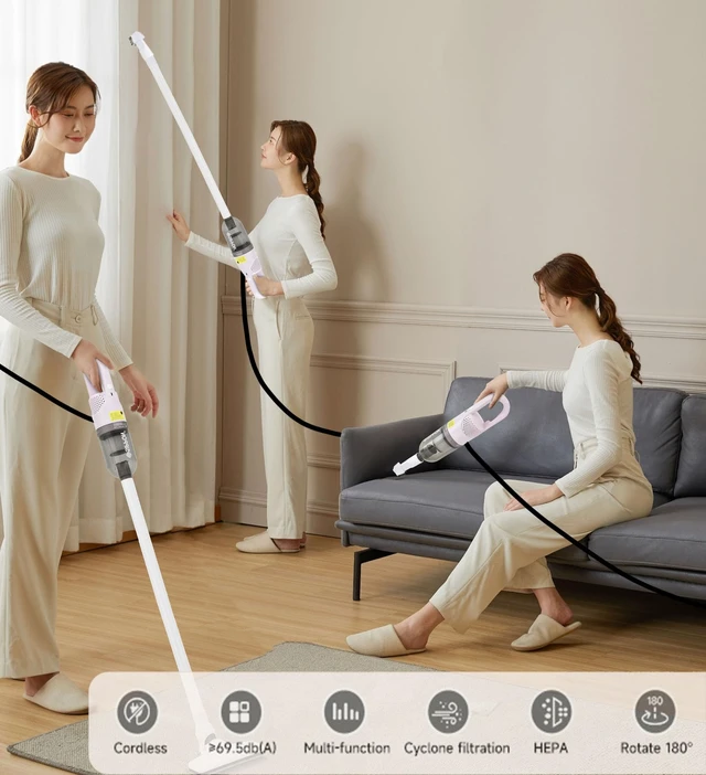 Alt view image 7 of 7 - TROURAY Handheld Vacuum Cleaner,6 in 1 Corded Stick Vacuum Cleaner(White) | Ideal for Carpet, Hardwood Floor, Car, Lightweight Body, Battery Recharge, Portable & Compant, 180° Rotatable Brush