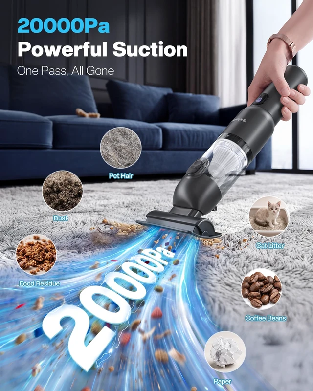 Alt view image 3 of 7 - Car Vacuum 4-in-1 Small Handheld Vacuum w/ 20000Pa Suction, Cordless Hand Held Vacuum Rechargeable w/ Power Display, Portable Cordless Mini Car Vacuum with Led Light for Car Home Office Desk Keyboard