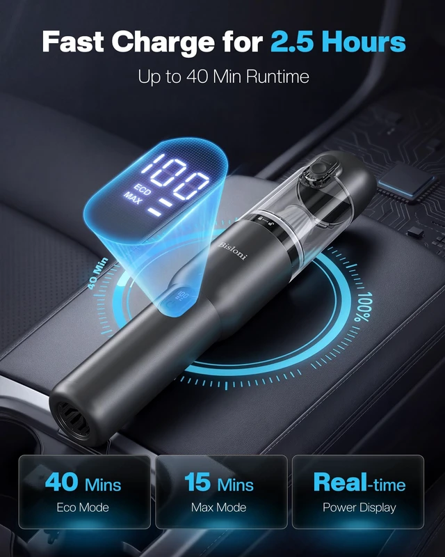 Alt view image 4 of 7 - Car Vacuum 4-in-1 Small Handheld Vacuum w/ 20000Pa Suction, Cordless Hand Held Vacuum Rechargeable w/ Power Display, Portable Cordless Mini Car Vacuum with Led Light for Car Home Office Desk Keyboard