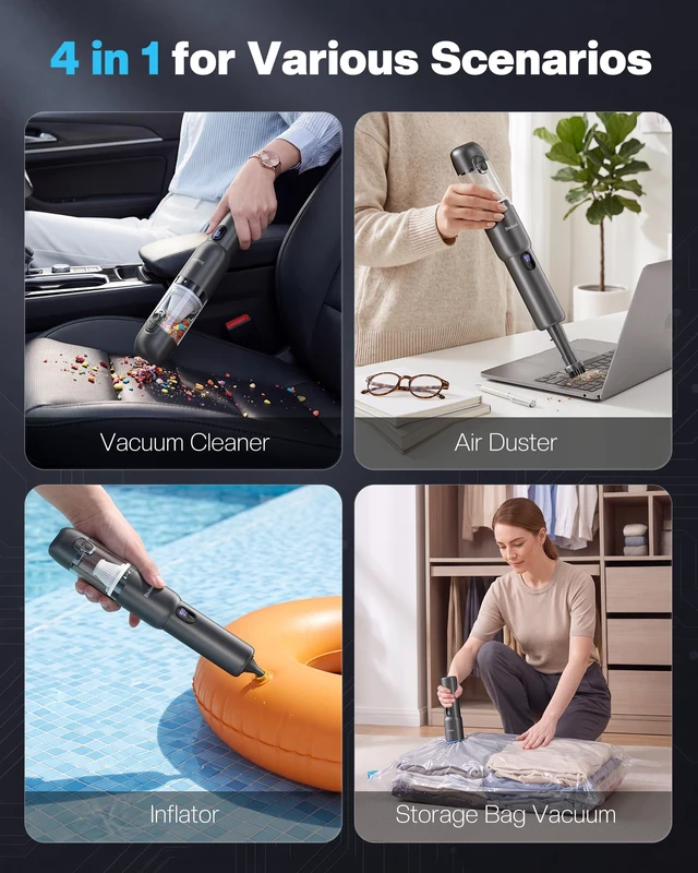 Alt view image 5 of 7 - Car Vacuum 4-in-1 Small Handheld Vacuum w/ 20000Pa Suction, Cordless Hand Held Vacuum Rechargeable w/ Power Display, Portable Cordless Mini Car Vacuum with Led Light for Car Home Office Desk Keyboard