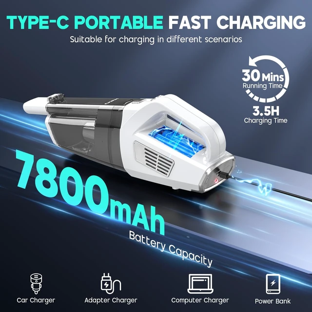 Alt view image 4 of 7 - CKIKH Handheld Vacuum Cordless, 15000PA Hand Held Car Vacuum Cleaner | Strong Suction with Multi-Nozzles & Washable Filter, Lightweight Rechargeable, Portable Vacuum Cleaner for Home, Car, Pets