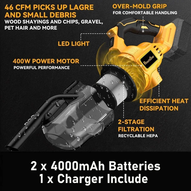 Alt view image 2 of 7 - RhovixStar Cordless Handheld Vacuum 16000Pa, 5-in-1 Car Vacuum 18V with 2-Pack 4Ah Batteries and Charger, 400W Powerful Motor, Lightweight Portable for Home, Car, Pet Hair