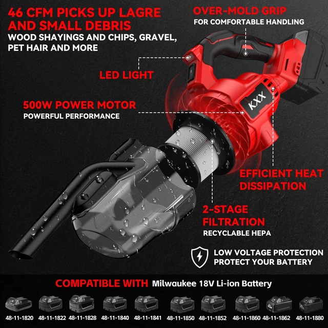 Alt view image 3 of 6 - KXX Cordless Vacuum for Milwaukee M18 Battery, 5 in 1 Handheld Electric Vacuum Cleaner with 500W Powerful Motor, 46 CFM Portable Hand Vacuum with Filtration HEPA for Floor, Carpet, Car (Tool Only)