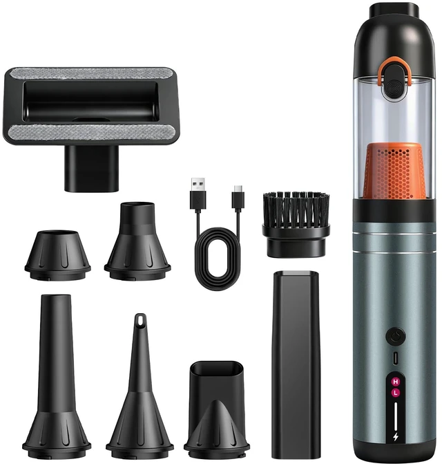 Main image of 7-in-1 Aluminum Alloy Wireless Car Vacuum Cleaner, 20kPa Strong Suction Handheld Vacuum, Portable with Smart Digital Display, 2 Suction Modes for Car, Desk, Keyboard and Small SpacesCyan