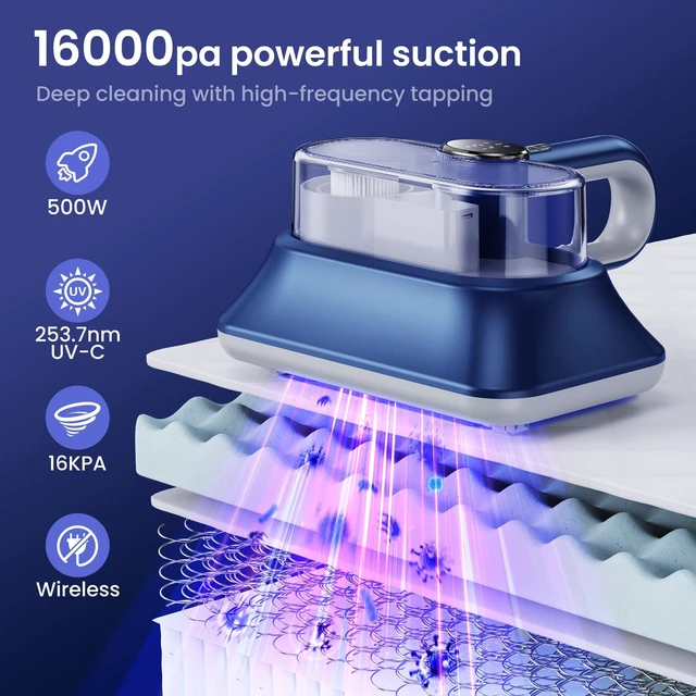 Alt view image 2 of 7 - Mattress Vacuum Cleaner, Vibration Handheld Vacuum Cleaner with Light and LED Display, HEPA Filter, Handheld Hoover Cordless for Bed, Carpet, Sofa, Pillows