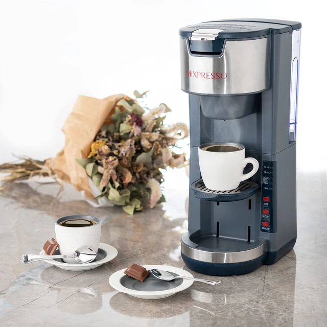 Alt view image 4 of 6 - Mixpresso Gray Single Serve Coffee Brewer K-Cup Pods Compatible & Ground | 30 oz Compact Coffee Maker Single Serve With 5 Brew Sizes Up To 14 Oz, Fits Travel Mug, Adjustable Drip Tray