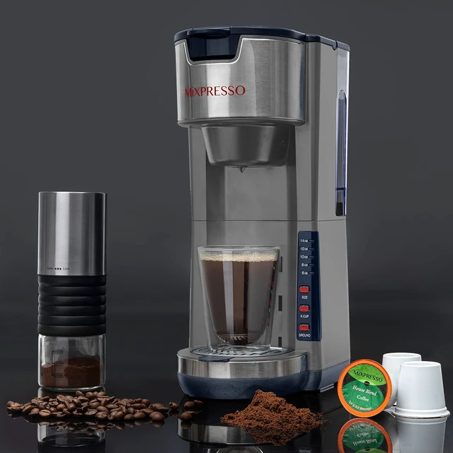 Alt view image 5 of 6 - Mixpresso Gray Single Serve Coffee Brewer K-Cup Pods Compatible & Ground | 30 oz Compact Coffee Maker Single Serve With 5 Brew Sizes Up To 14 Oz, Fits Travel Mug, Adjustable Drip Tray