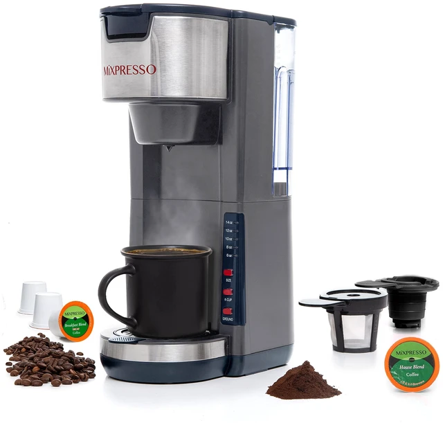 Main image of Mixpresso Gray Single Serve Coffee Brewer K-Cup Pods Compatible & Ground | 30 oz Compact Coffee Maker Single Serve With 5 Brew Sizes Up To 14 Oz, Fits Travel Mug, Adjustable Drip Tray