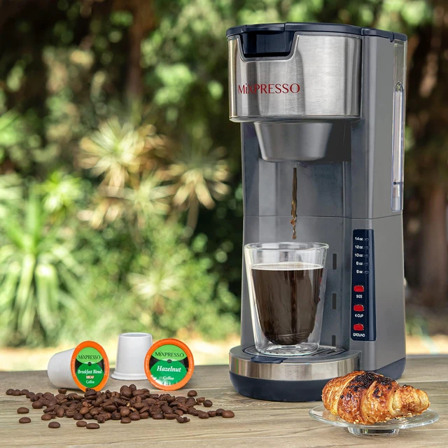 Alt view image 6 of 6 - Mixpresso Gray Single Serve Coffee Brewer K-Cup Pods Compatible & Ground | 30 oz Compact Coffee Maker Single Serve With 5 Brew Sizes Up To 14 Oz, Fits Travel Mug, Adjustable Drip Tray