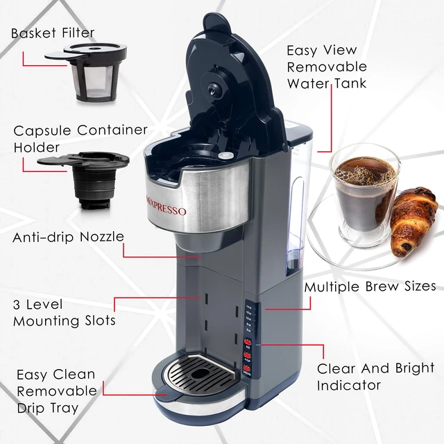 Alt view image 2 of 6 - Mixpresso Gray Single Serve Coffee Brewer K-Cup Pods Compatible & Ground | 30 oz Compact Coffee Maker Single Serve With 5 Brew Sizes Up To 14 Oz, Fits Travel Mug, Adjustable Drip Tray