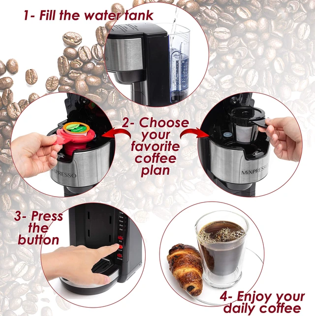 Alt view image 2 of 7 - Mixpresso Black Single Serve Coffee Brewer K-Cup Pods Compatible & Ground, 30 oz Compact Coffee Maker Single Serve With 5 Brew Sizes Up To 14 Oz, Fits Travel Mug, Adjustable Drip Tray