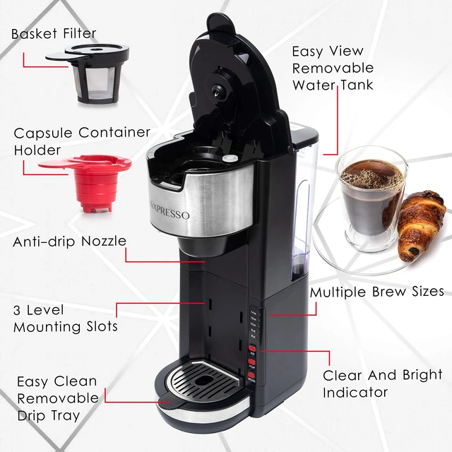 Alt view image 3 of 7 - Mixpresso Black Single Serve Coffee Brewer K-Cup Pods Compatible & Ground, 30 oz Compact Coffee Maker Single Serve With 5 Brew Sizes Up To 14 Oz, Fits Travel Mug, Adjustable Drip Tray