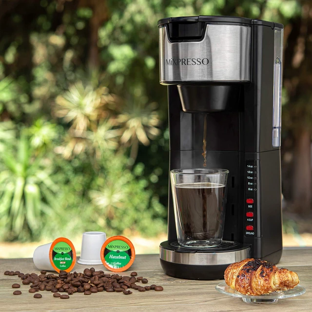 Alt view image 4 of 7 - Mixpresso Black Single Serve Coffee Brewer K-Cup Pods Compatible & Ground, 30 oz Compact Coffee Maker Single Serve With 5 Brew Sizes Up To 14 Oz, Fits Travel Mug, Adjustable Drip Tray