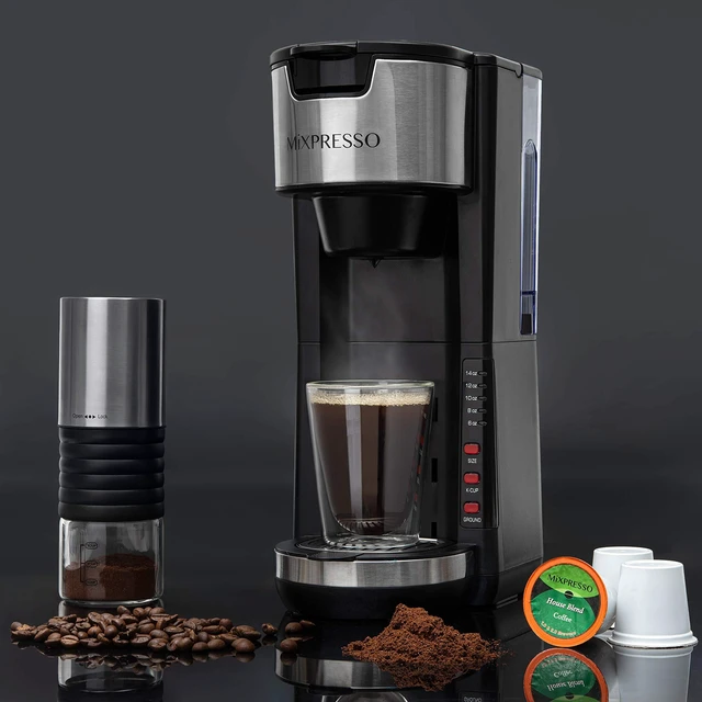 Alt view image 5 of 7 - Mixpresso Black Single Serve Coffee Brewer K-Cup Pods Compatible & Ground, 30 oz Compact Coffee Maker Single Serve With 5 Brew Sizes Up To 14 Oz, Fits Travel Mug, Adjustable Drip Tray