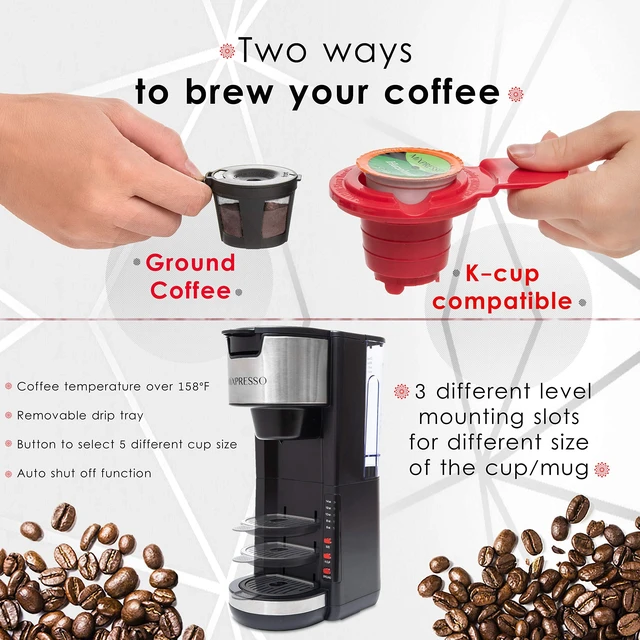 Alt view image 7 of 7 - Mixpresso Black Single Serve Coffee Brewer K-Cup Pods Compatible & Ground, 30 oz Compact Coffee Maker Single Serve With 5 Brew Sizes Up To 14 Oz, Fits Travel Mug, Adjustable Drip Tray