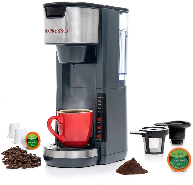 Main image of Mixpresso Gray Single Serve Coffee Brewer K-Cup Pods Compatible & Ground | 30 oz Compact Coffee Maker Single Serve With 5 Brew Sizes Up To 14 Oz, Fits Travel Mug, Adjustable Drip Tray