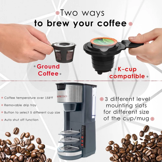 Alt view image 2 of 7 - Mixpresso Gray Single Serve Coffee Brewer K-Cup Pods Compatible & Ground | 30 oz Compact Coffee Maker Single Serve With 5 Brew Sizes Up To 14 Oz, Fits Travel Mug, Adjustable Drip Tray