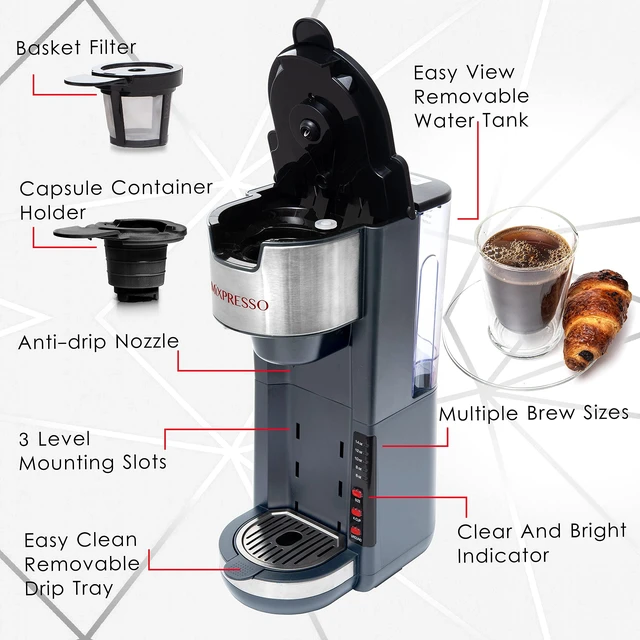 Alt view image 3 of 7 - Mixpresso Gray Single Serve Coffee Brewer K-Cup Pods Compatible & Ground | 30 oz Compact Coffee Maker Single Serve With 5 Brew Sizes Up To 14 Oz, Fits Travel Mug, Adjustable Drip Tray