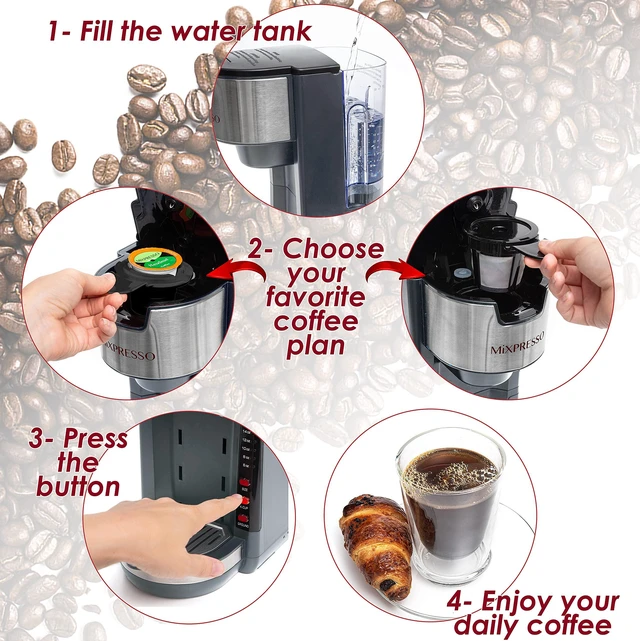Alt view image 4 of 7 - Mixpresso Gray Single Serve Coffee Brewer K-Cup Pods Compatible & Ground | 30 oz Compact Coffee Maker Single Serve With 5 Brew Sizes Up To 14 Oz, Fits Travel Mug, Adjustable Drip Tray