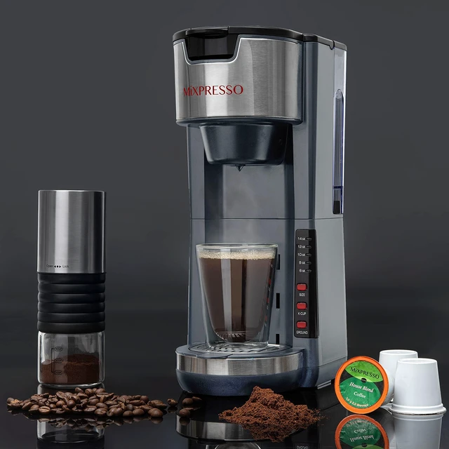 Alt view image 5 of 7 - Mixpresso Gray Single Serve Coffee Brewer K-Cup Pods Compatible & Ground | 30 oz Compact Coffee Maker Single Serve With 5 Brew Sizes Up To 14 Oz, Fits Travel Mug, Adjustable Drip Tray